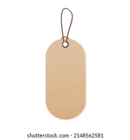 Craft price tag on string. Blank kraft paper label hanging on cord, thread. Bio cardboard beige badge mockup for eco products. Realistic vector graphic illustration isolated on white background