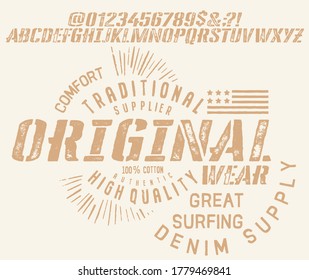 Craft retro vintage typeface design. Youth fashion type. Textured alphabet. Pop modern display vector letters. Drawn in graphic style. Set of Latin characters numbers
