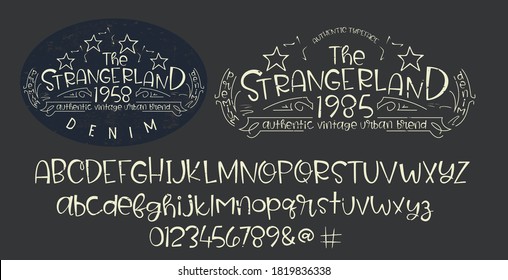 Craft retro vintage typeface design. Youth fashion type. Textured alphabet. Pop modern display vector letters. Drawn in graphic style. Set of Latin characters numbers