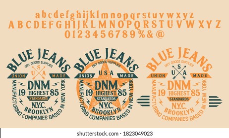 Craft retro vintage typeface design. Youth fashion type. Textured alphabet. Pop modern display vector letters. Drawn in graphic style. Set of Latin characters numbers