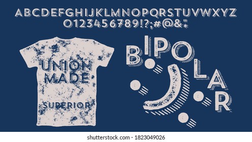 Craft retro vintage typeface design. Youth fashion type. Textured alphabet. Pop modern display vector letters. Drawn in graphic style. Set of Latin characters numbers