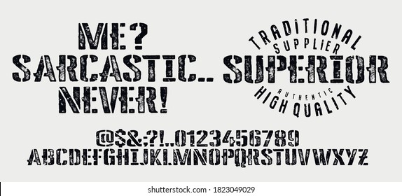 Craft retro vintage typeface design. Youth fashion type. Textured alphabet. Pop modern display vector letters. Drawn in graphic style. Set of Latin characters numbers