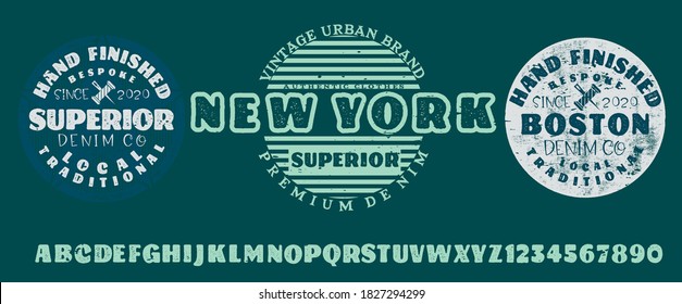 Diseño de tipo de letra vintage retro de artesanías. Tipo de moda juvenil. Alfabeto texturado. Muestra letras vectoriales modernas. Dibujado en estilo gráfico. Conjunto de números de caracteres latinos