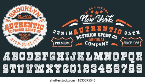 Craft retro vintage typeface design. Youth fashion type. Textured alphabet. Pop modern display vector letters. Drawn in graphic style. Set of Latin characters numbers