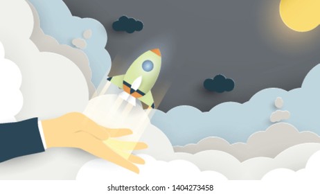 Craft rocket fly on the sky at night with moon shine. Vector illustration is in concept of startup business. Fine art in fantasy style.