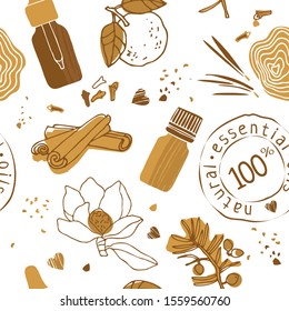 Craft seamless pattern for packing flowers and essential oils hand drawn. Flowers, plants, jars for eco cosmetics and perfumes. Printing on Wallpaper and textiles. Scetch cartoon vector illustration.