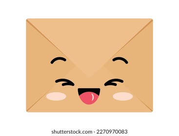 Craft smiling envelope cute kawaii character with face. Closed kraft funny envelope with face vector clip art. Folded brown paper letter illustration happy smiling emoticon.