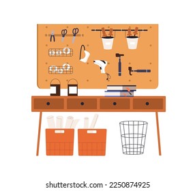 Estudio de artesanías, taller de carpintería con suministros de carpinteros, herramientas, equipo de carpintería. Fabricación de carpintería, sala de servicio de reparación vacía, electrodomésticos. Ilustración vectorial plana aislada en fondo blanco