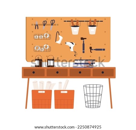 Craft studio, carpentry workshop with carpenters supplies, tools, joinery equipment. Woodwork manufacture, empty repair service room, appliances. Flat vector illustration isolated on white background