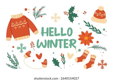 Craft style vector set Christmas elements including fir branches, holly twig, snowflakes, sweater, mittens, socks, hat, and star. Hand-drawn festive collection for winter holiday designs. Hello winter