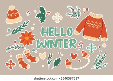Craft style vector set Christmas elements Fir branches Holly twig Snowflakes Sweater Mittens Socks Hat Hand-drawn festive collection for winter holiday designs. Hello winter Sticker collection