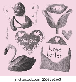 Craft stylish set of Valentine's Day elements set with retro grunge vibe and halftone effect. Perfect for social media, gift cards, holiday promotions. Stippling tones with love-themed 3d elements