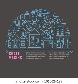 Craft supplies poster. Template for flyer and banner.
 Poster for craft show and sale,  studio,
  shop, courses and workshops. 
Vector line style illustration.