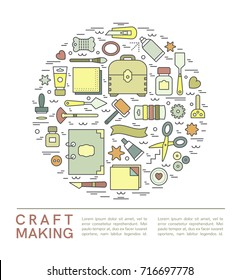 Craft Supplies Poster. Template For Flyer And Banner.
 Poster For Craft Show And Sale,  Studio,
  Shop, Courses And Workshops. 
Vector Line Style Illustration.
