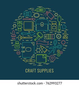 Craft supplies poster. Template for flyer and banner. Poster for craft show and sale,  studio,  shop, courses and workshops. Vector line style illustration.