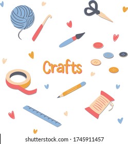 
Craft Supplies Set: Pencil, Scissors, Buttons, Threads, Crochet Needle, Brush And Tape