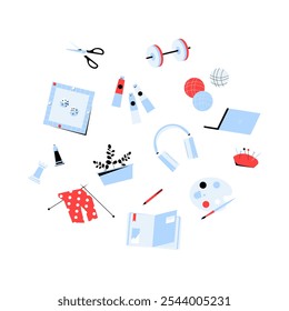 Craft Supplies And Tools In Flat Vector Illustration Symbolizing Creativity, Crafting, And Hobbies, Isolated On White Background