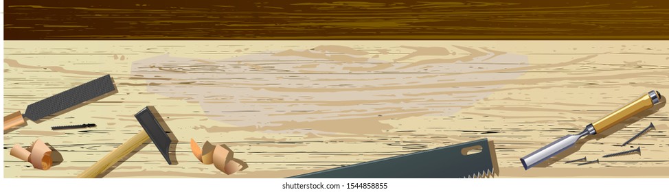 Craft table, carpentry workbench for the workshop. View from above. Vector illustration.
