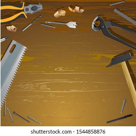 Craft table, carpentry workbench for the workshop. View from above. Vector illustration.
A desktop for a craftsman, a carpenter, working with wood. Workbench with tools.