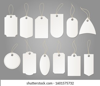 Craft tags. Hanging shop white label from paper different shapes with rope for shop isolated vector cardboard template set