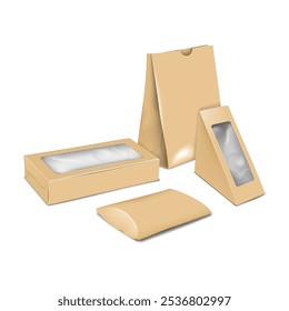 Conjunto de embalaje de comida callejera para llevar artesanal. Maqueta realista de Vector en 3D. Bolsa de papel de Kraft, caja de almohada de cartón, caja de sándwich, paquete de caja de ventana rectangular. Maqueta. Fácil de editar. Plantilla para el diseño