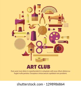 Craft tools art club handmade products vector paint and painting and origami sewing and knitting repairing and construction brush needles and woolen thread ball hammer and pencil ruler and scissors.