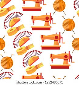 Craft tools and handmade instruments, hobby items vector. Seamless pattern with sewing machine, needles and threads in ball. Knitting and tailoring, painting with brushes and making origami pieces