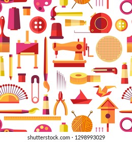 Craft tools and handmade instruments, hobby items vector. Seamless pattern with sewing machine, needles and threads in ball. Knitting and tailoring, painting with brushes and making origami pieces