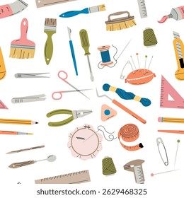 Ambachtelijke gereedschappen. items voor handgemaakt ontwerpproject. borstelt naalden haken draden.