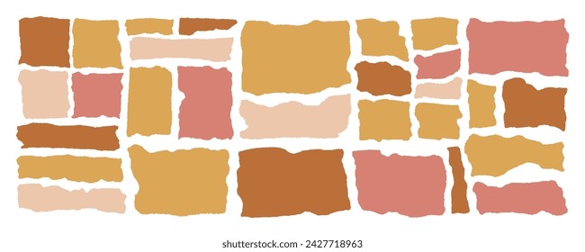 Craft torn ripped paper rectangle shape vector illustration. Cutout beige and brown collage pieces, shred strips, cut sheets with a square grid. Calligraphy border, isolated grunge header background