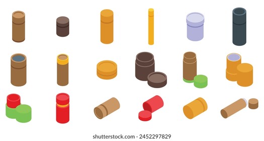 Craft tube box icons set isometric vector. Kraft package. Circular product