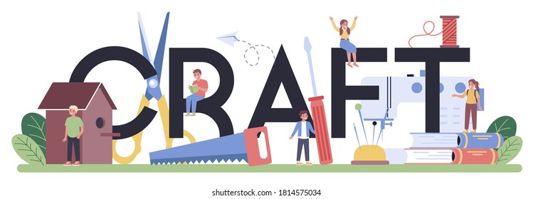 Cabecera tipográfica de la nave. Estudiante sostiene herramientas de arte. Maestra aprendiendo a los niños a artesanar. Modelación, escultura y costura. Ilustración vectorial plana aislada