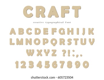 Craft typographical font. Cardboard ABC letters and numbers isolated on white.