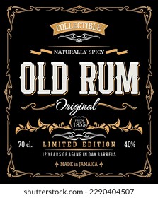 Craft vintage rum label, alcohol drink retro old frame, vector background. Jamaica rum aged in oak barrel, original premium alcohol drink bottle etiquette for limited edition old rum