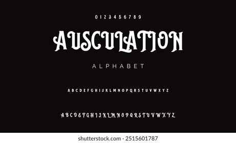 Craft vintage typeface design. Graphic display alphabet. Fantasy type letters. Latin characters, numbers. Vector illustration. Old badge, label, logo template.