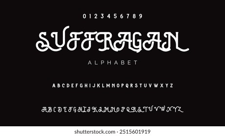 Craft vintage typeface design. Graphic display alphabet. Fantasy type letters. Latin characters, numbers. Vector illustration. Old badge, label, logo template.