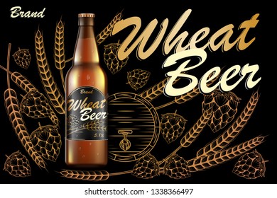 Craft wheat beer ads design. Realistic malt golden bottle beer isolated on dark background with ingredients wheats, hops and barrel. Vector 3d illustration