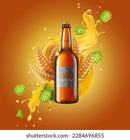 Craft wheat beer ads. Beer glass bottle, splashing alcohol, wheat and hops on shiny brown background. 3d realistic illustration