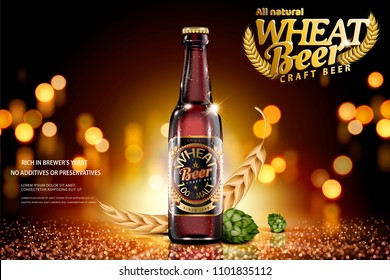 Abarca los anuncios de cerveza de trigo con ingredientes sobre fondo marrón de hojas de brillo en 3d ilustración