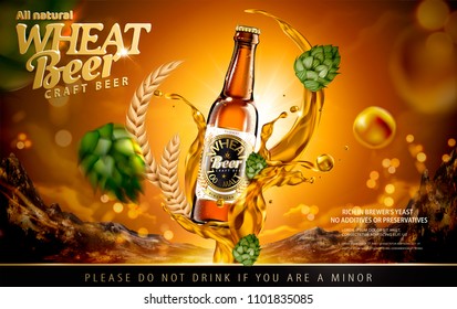 Craft wheat beer ads with splashing alcohol and hops on shiny brown background in 3d illustration