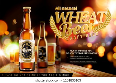 Craft wheat beer on bokeh night bar background in 3d illustration