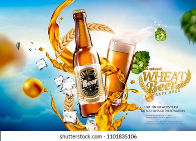 Craft wheat beer with splashing liquid and ingredients on bokeh blue sky in 3d illustration