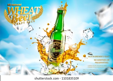 Craft wheat beer with splashing liquid and ice cubes on bokeh blue sky in 3d illustration