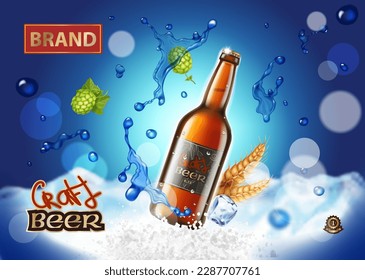 Craft wheat beer with splashing liquid and ice cubes on blue sky. Lager beer glass bottle with hops 3d ads illustration