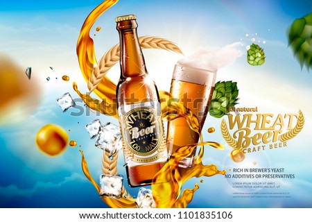 Craft wheat beer with splashing liquid and ingredients on bokeh blue sky in 3d illustration