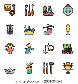 Craft work, Crafting handmade icons set 1. Colored Thin Line Style Stroke vector.