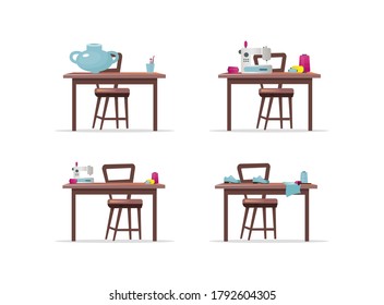 Craft work tables flat color vector objects set. Sewing machine. Shoes, footwear making. Pottery. Handicraft isolated cartoon illustration for web graphic design and animation collection
