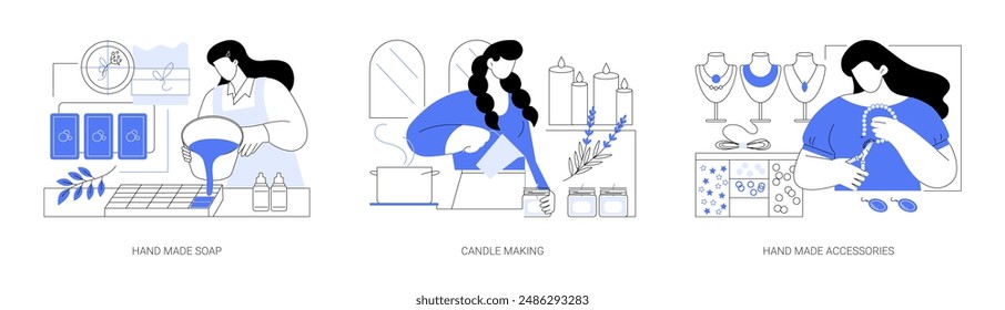 Craft workshops isolated cartoon vector illustrations set. Woman create handmade soap, diy natural cosmetics, candle making class, handcrafted accessories, weekend pop-up course vector cartoon.