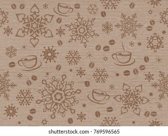 craft wrapping paper textured seamless christmas pattern with coffee beans, snowflakes and stars ornament