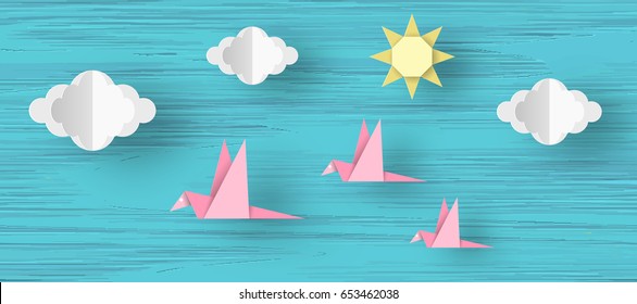 Crafted Birds, Clouds and Sun on a Wooden Texture. Style Paper Origami Word. Cut Elements and Symbols. Cutout Abstract Made. Template for Banner, Card, Poster. Vector Illustrations Art Design.